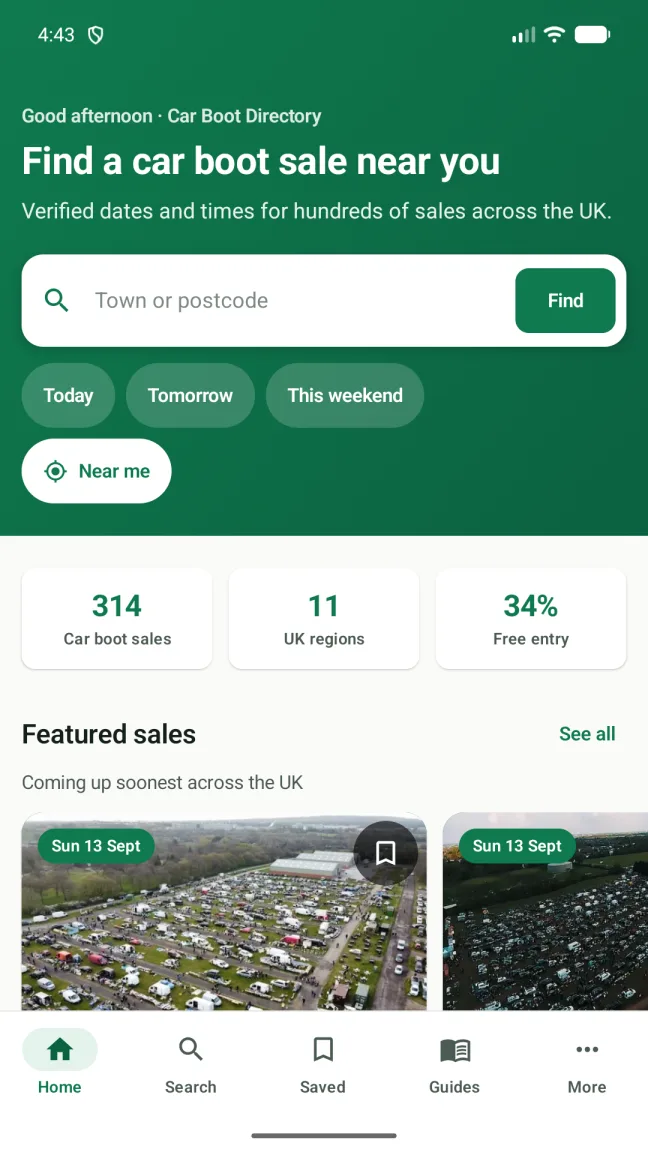 The Car Boot Directory Android app home screen