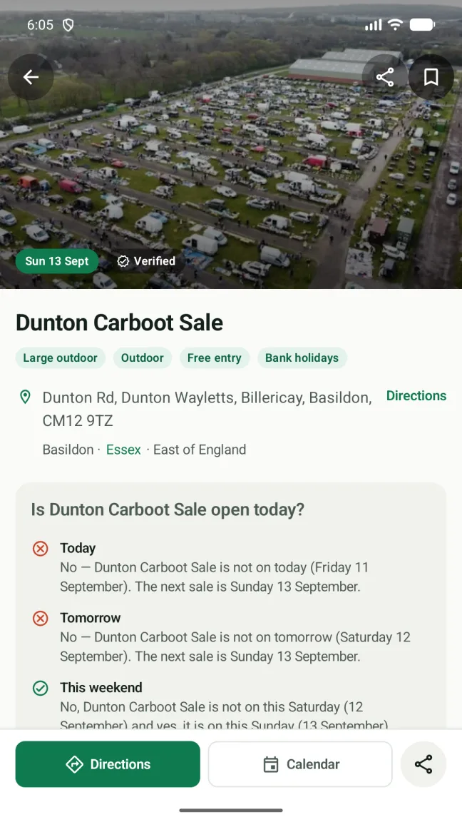 A car boot sale listing with visit details in the Android app