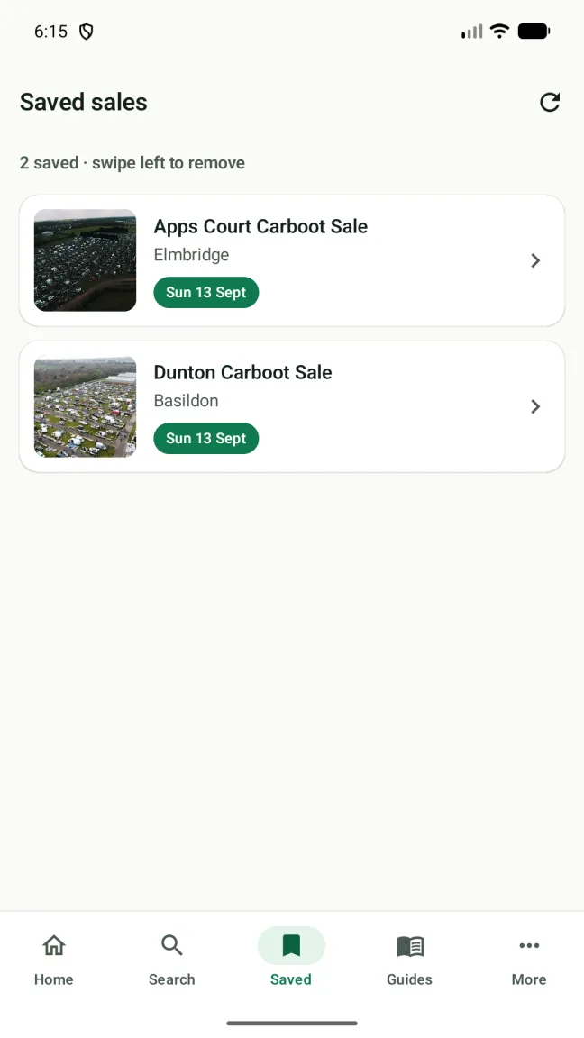 Two saved car boot sales in the Android app