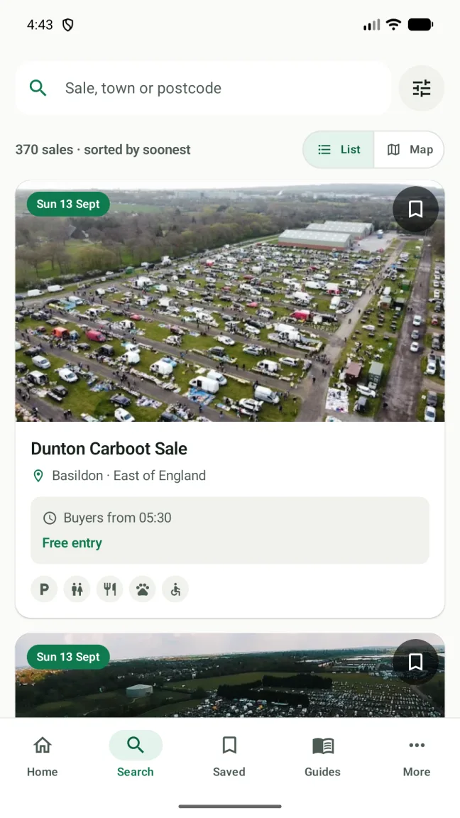 Search results showing nearby car boot sales in the Android app