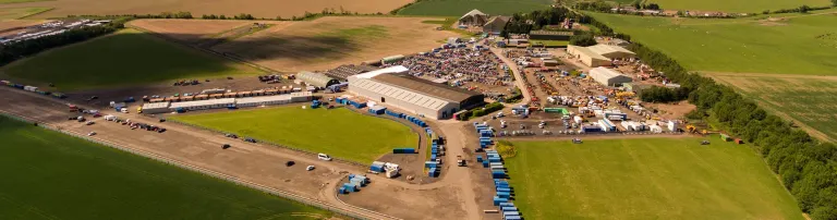 Aerial view of Errol Sunday Market and car boot sale at Errol Airfield, Perthshire
