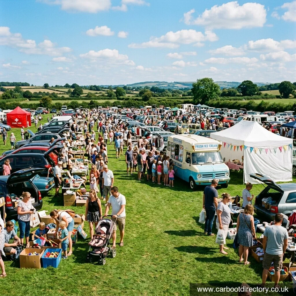 Sunny bank holiday car boot sale with families browsing stalls and a queue at the ice cream van