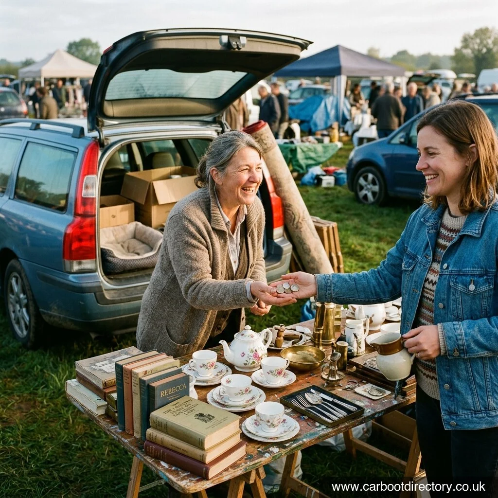 Buyer handing pound coins to a smiling seller across a stall table at a UK car boot sale
