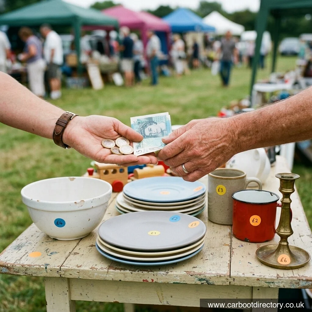 Hands exchanging cash over a car boot sale table of kitchenware with price stickers from £1 to £6