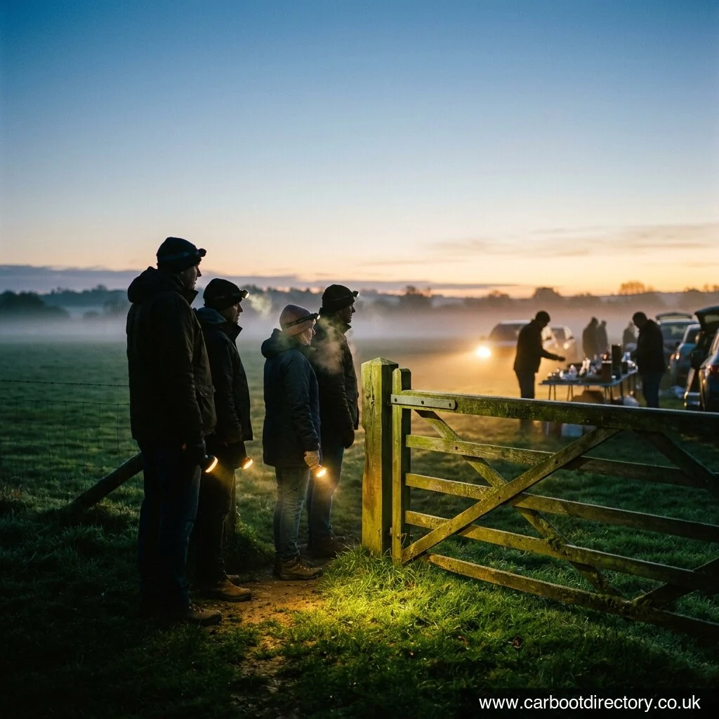 Early bird buyers with torches queuing at a car boot sale field gate at dawn