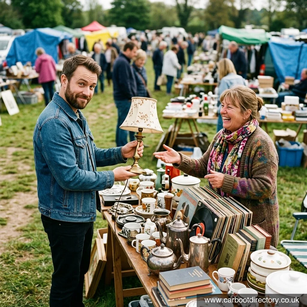 Buyer holding up a vintage lamp while haggling cheerfully with a laughing seller at a car boot sale