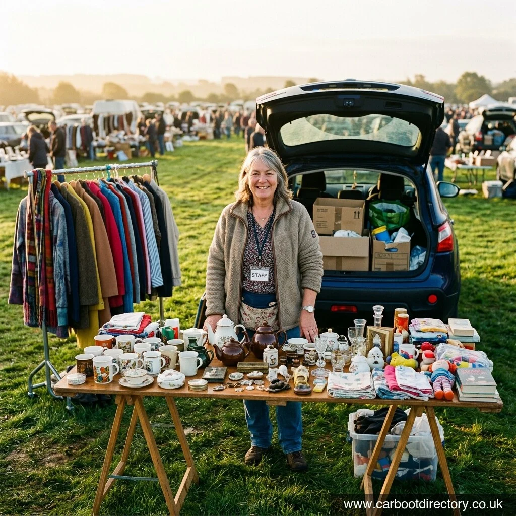 Seller standing behind a fully set up car boot sale stall with table, clothes rail and open boot at sunrise