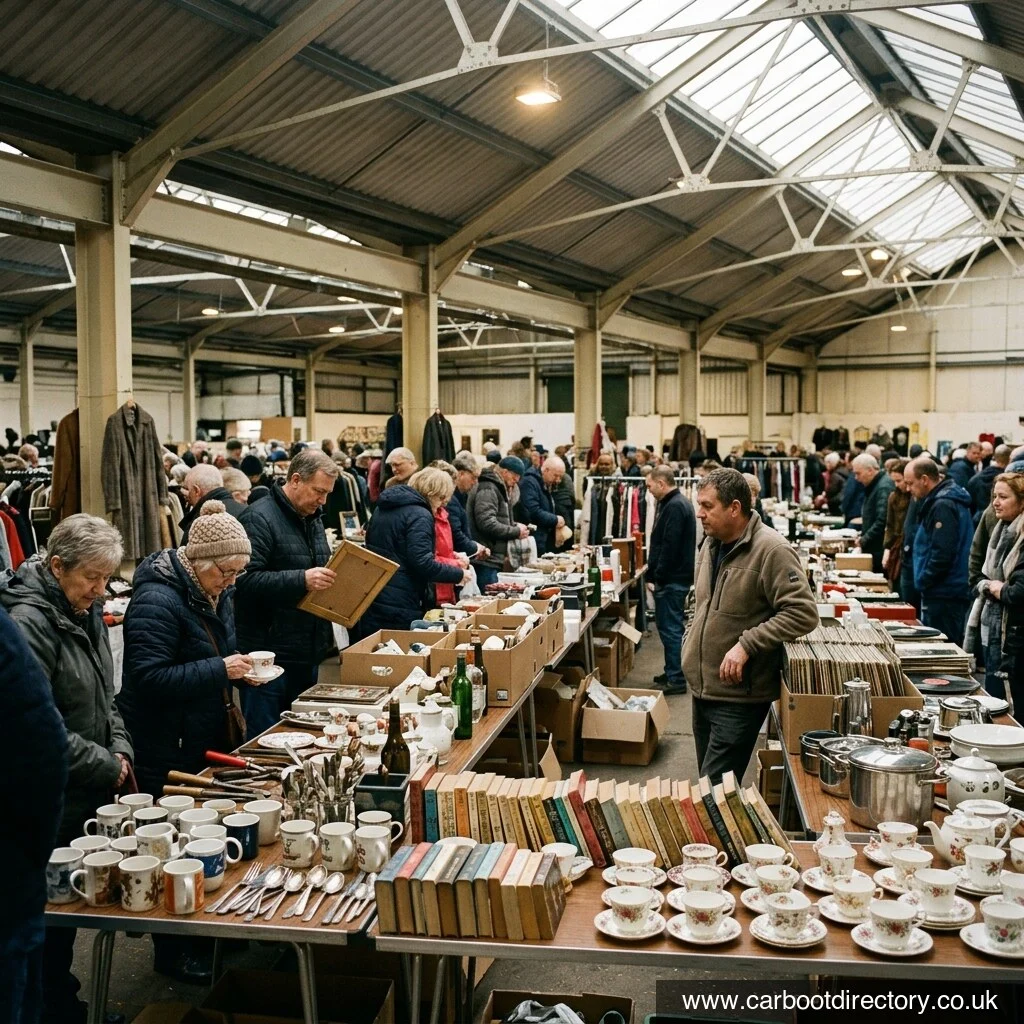 Busy indoor car boot sale in a British market hall with stalls of china, books and clothes