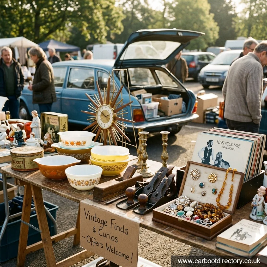 Car boot sale stall of vintage finds including patterned Pyrex, a sunburst clock, vinyl records and costume jewellery