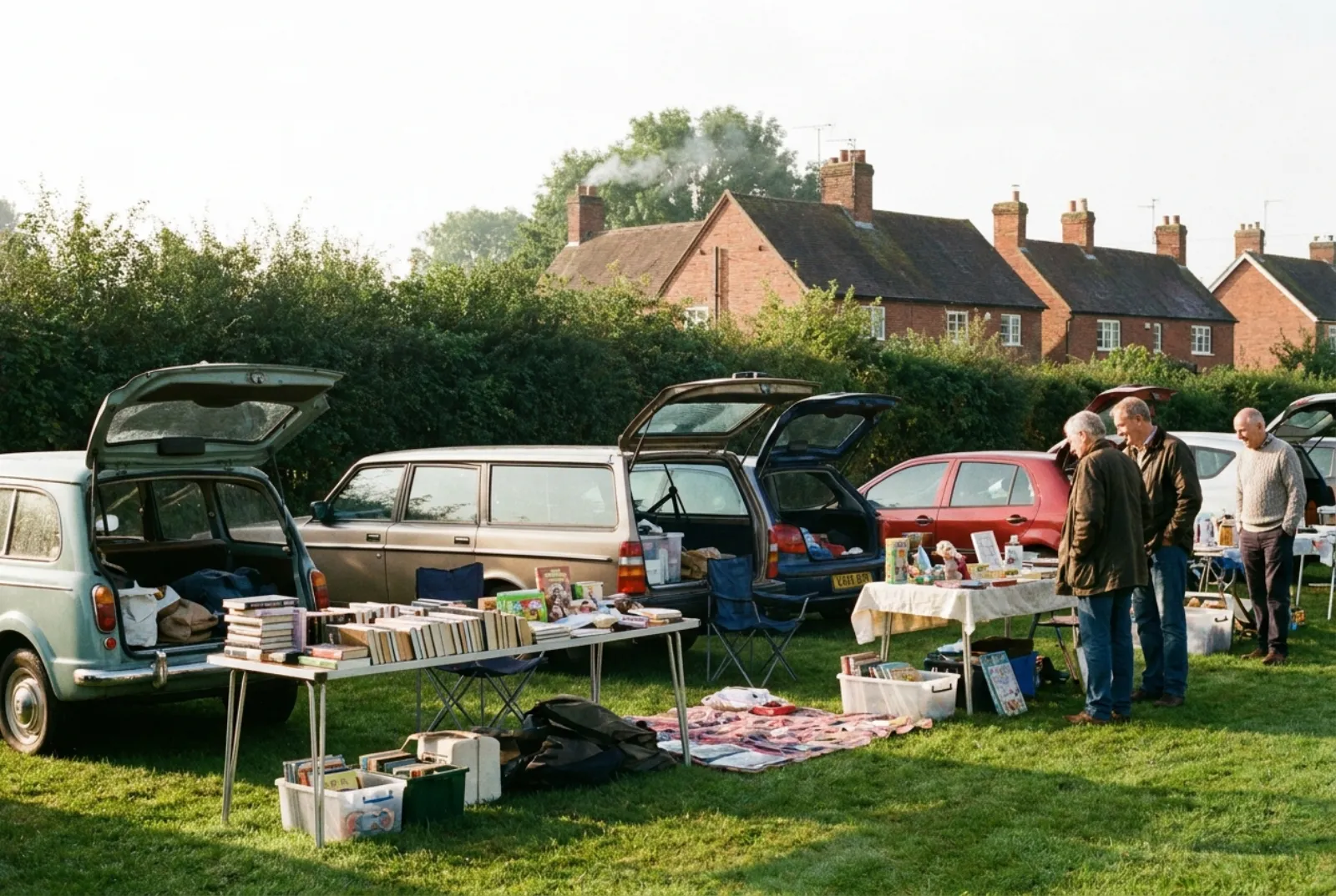 A small village car boot sale with cars and tables on a grass field
