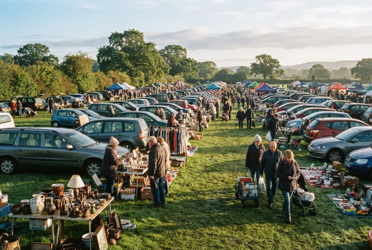 Illustrative scene of an early-morning grass field car boot sale in Cheshire, representing Holly Lane Car Boot at Styal
