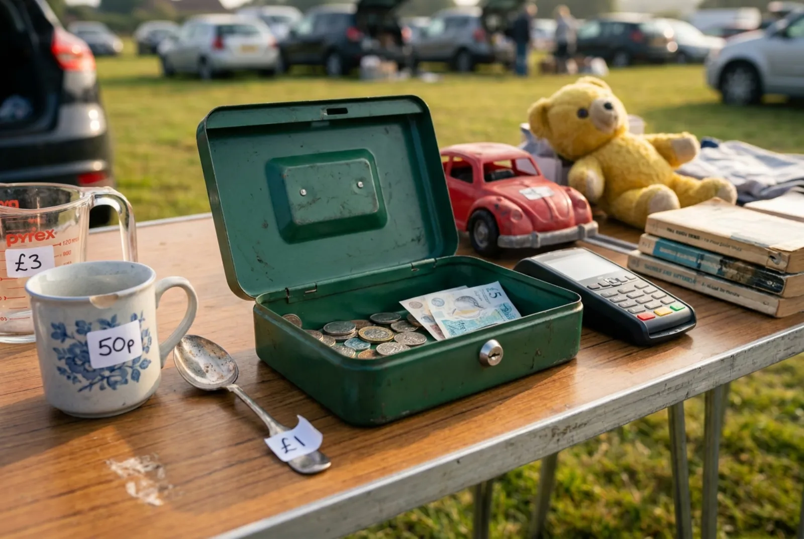 A car boot sale table with a cash tin of coins and notes, a card reader and priced items