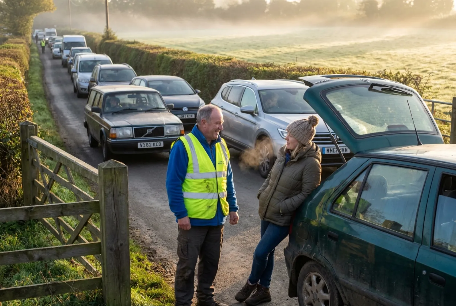 A car boot sale steward in a hi-vis vest talking to a seller at the gate on an early misty morning