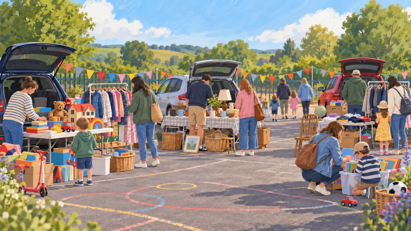 Illustration of a car boot sale, not a photo of Park Gate Primary School Car Boot Sale
