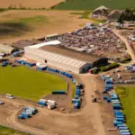 Aerial view of Errol Sunday Market and car boot sale at Errol Airfield, Perthshire