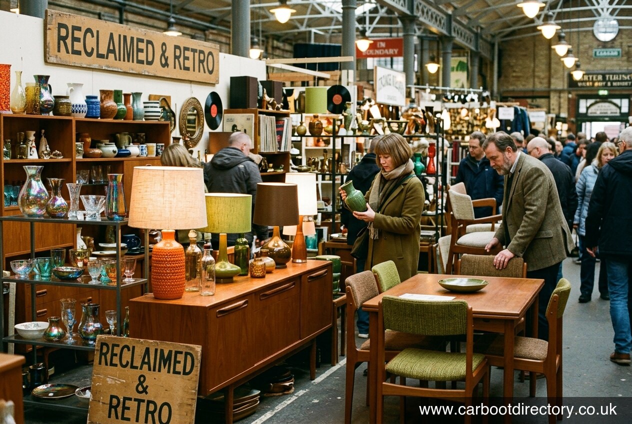 Mid-century furniture and retro homeware stall at a British antiques and vintage market