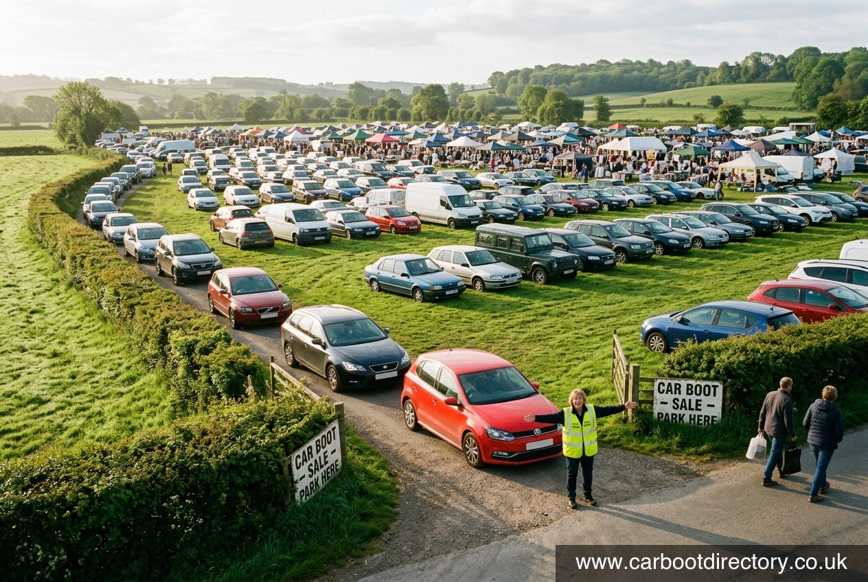 Cars queuing into a packed car boot sale parking field on a bank holiday morning with marshals directing