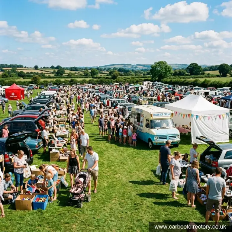 Sunny bank holiday car boot sale with families browsing stalls and a queue at the ice cream van