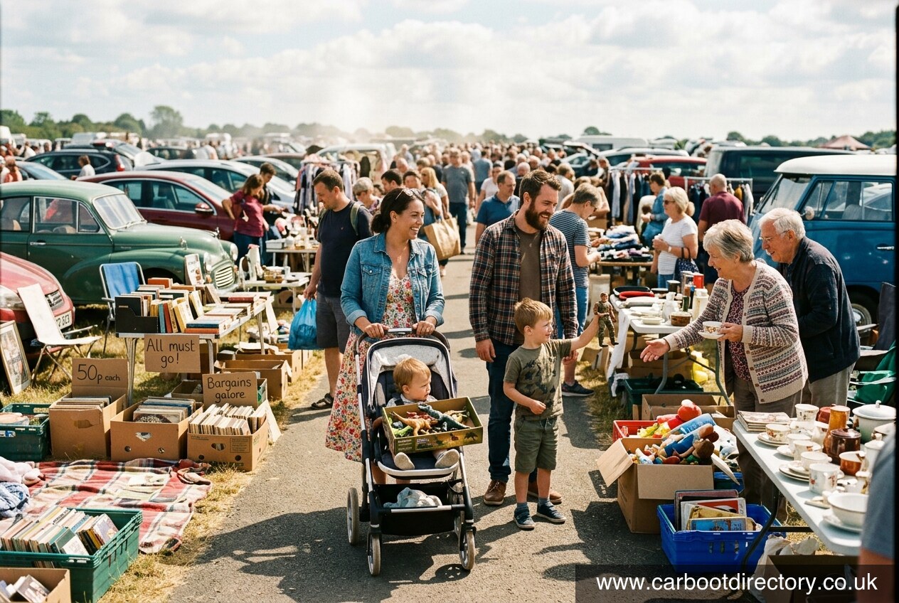 Families with pushchairs browsing toys at a bank holiday car boot sale mid-morning