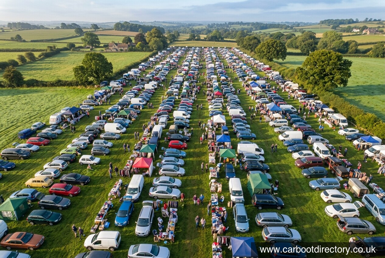 Aerial view of a huge UK car boot sale with hundreds of stalls and cars in rows across a green field on a Sunday morning