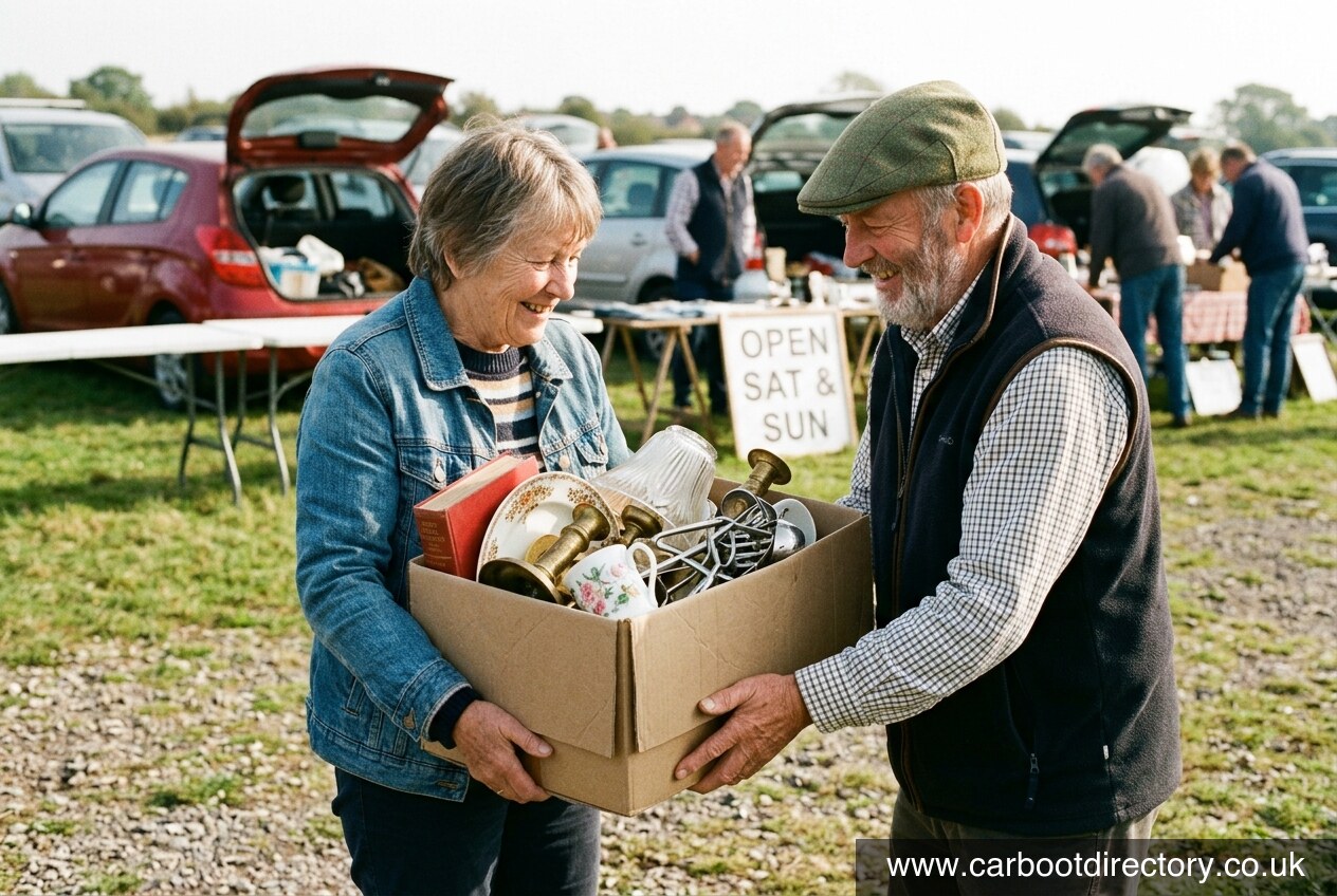 Buyer carrying a box bundle of items while the seller helps at the end of a car boot morning