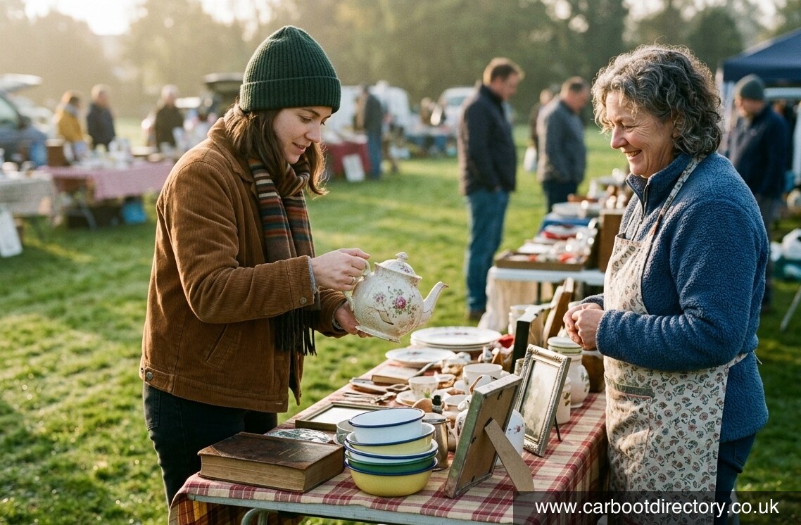 Buyer carefully examining a vintage teapot at a neatly arranged car boot sale stall