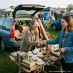 Buyer handing pound coins to a smiling seller across a stall table at a UK car boot sale
