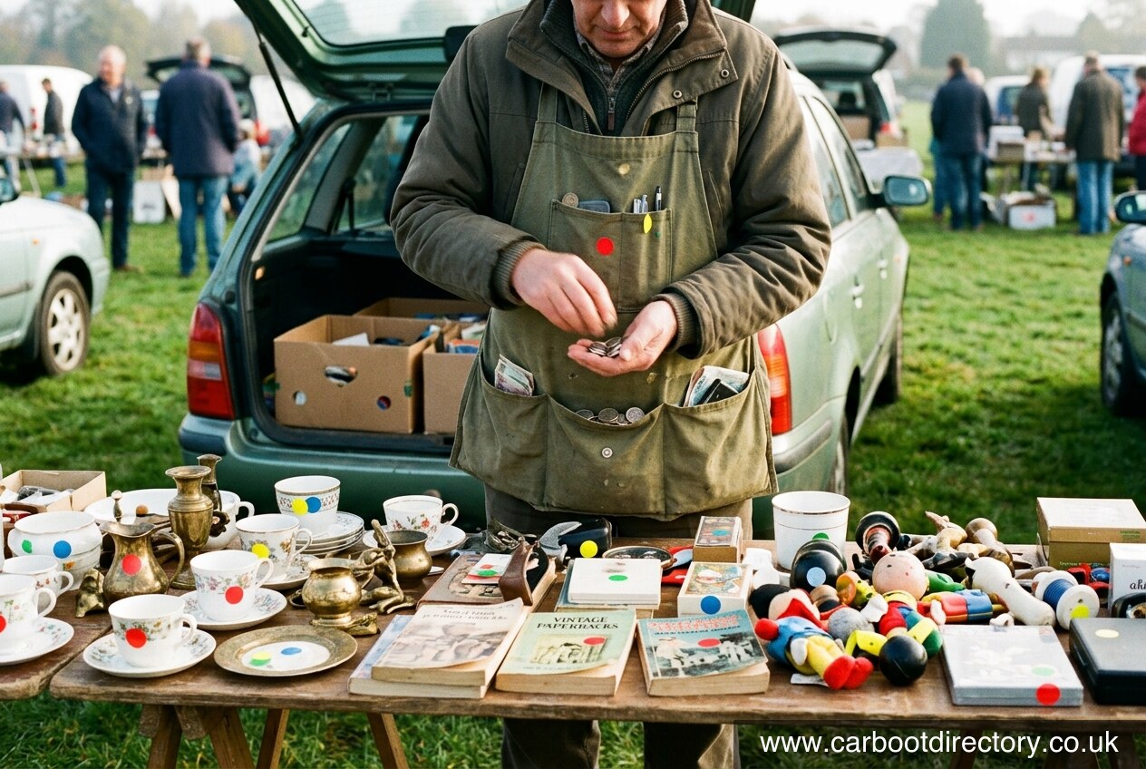 Car boot sale seller with a money apron full of coins behind a stall of priced bric-a-brac