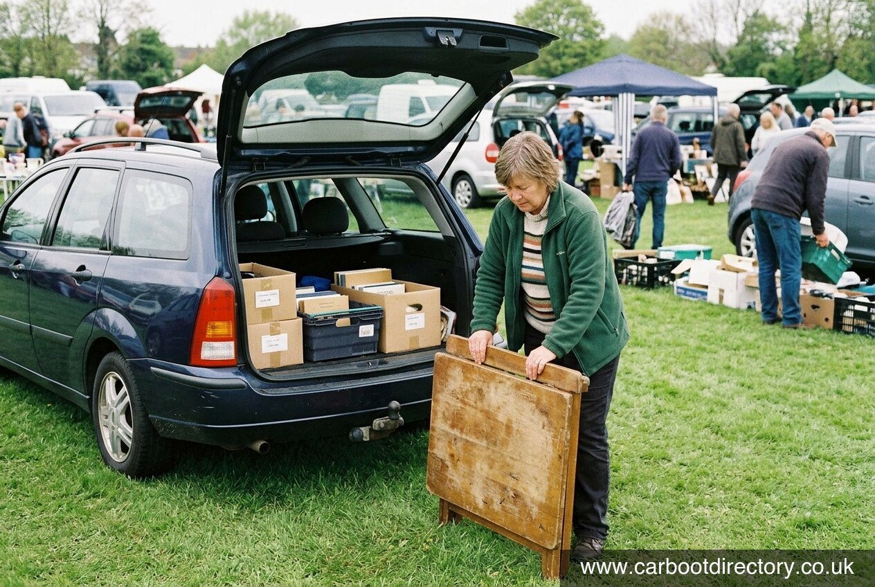 Seller folding away a pasting table and leaving a clean pitch at the end of a car boot sale