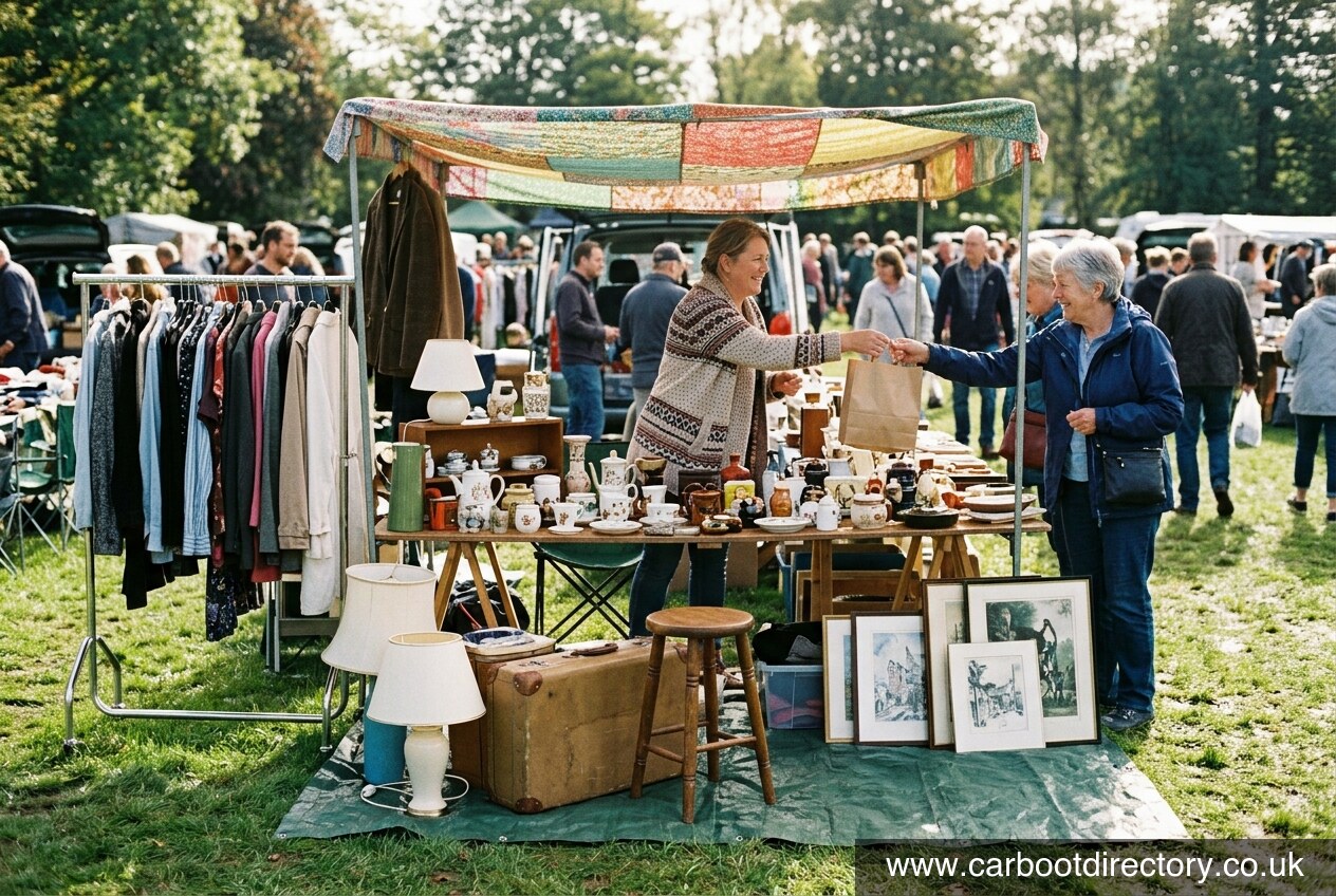 Car boot pitch set up for browsing with eye-level table display, clothes rail and tarpaulin