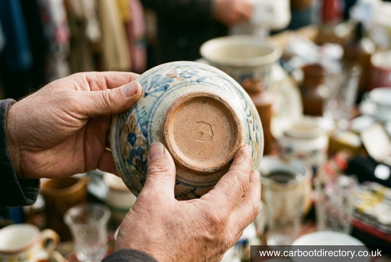 Hands turning over a vintage ceramic bowl to check the maker's mark on the base at a boot sale