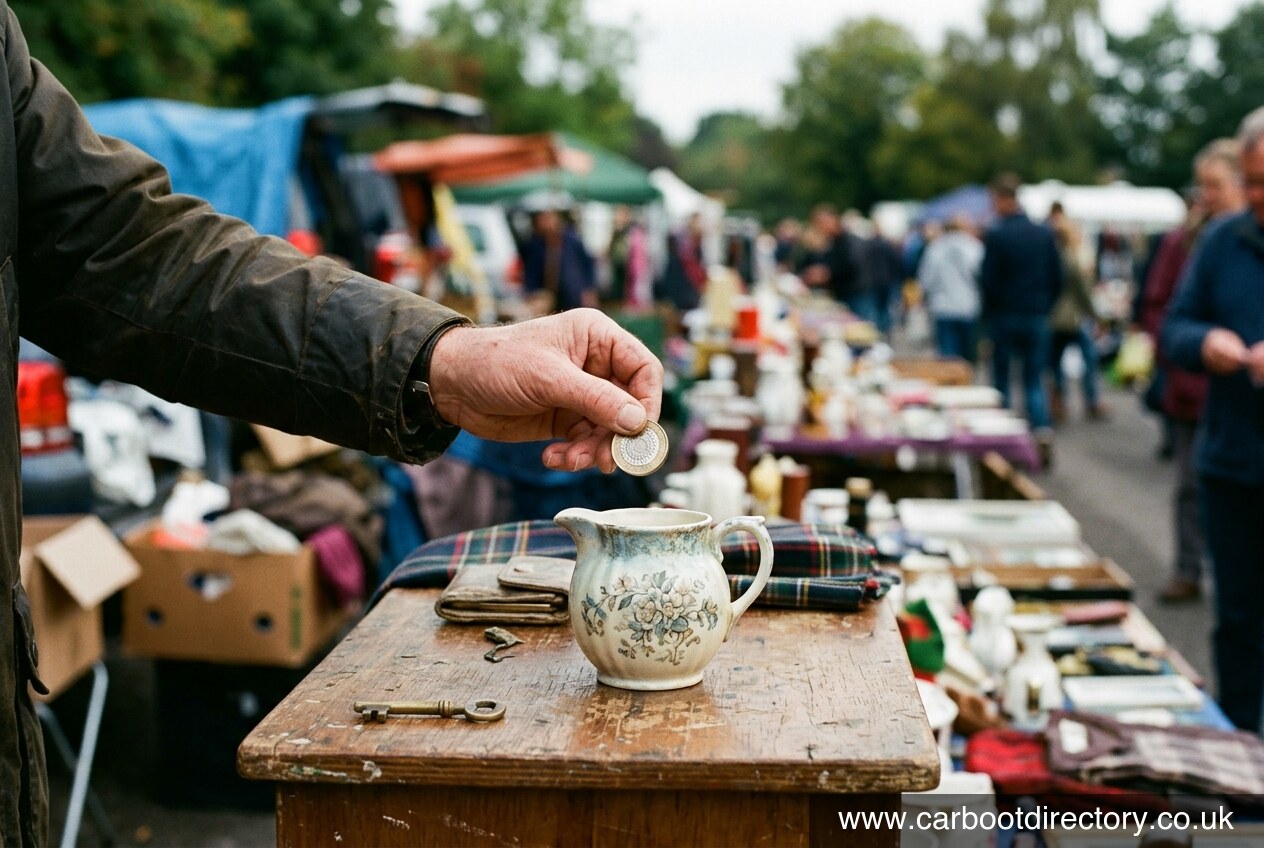 Buyer offering a two pound coin over a car boot sale stall with a ceramic jug on the table