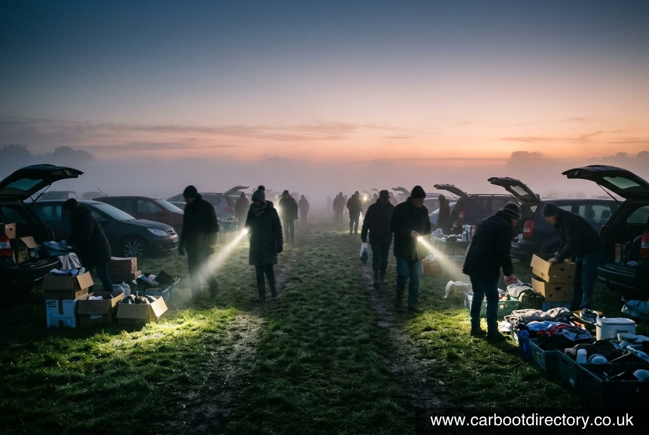 Early-bird buyers with torch beams walking a misty car boot field at first light