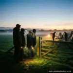 Early bird buyers with torches queuing at a car boot sale field gate at dawn
