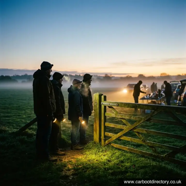 Early bird buyers with torches queuing at a car boot sale field gate at dawn