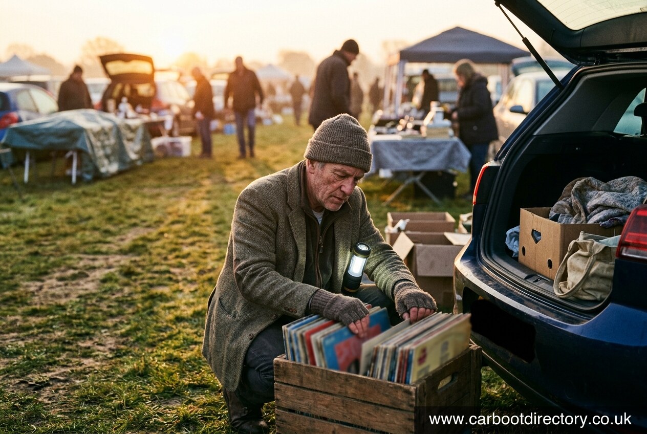 Record dealer flipping through a crate of vinyl at a car boot sale in early morning light