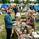 Buyer holding up a vintage lamp while haggling cheerfully with a laughing seller at a car boot sale