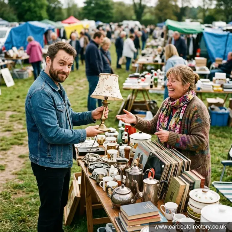 Buyer holding up a vintage lamp while haggling cheerfully with a laughing seller at a car boot sale