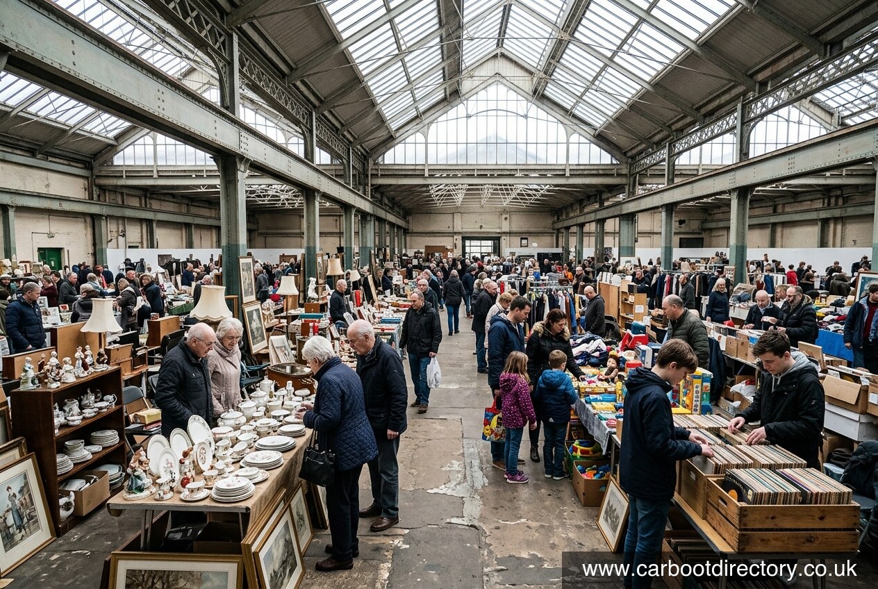 Shoppers browsing rows of stalls at an indoor car boot sale under a glass-roofed market hall