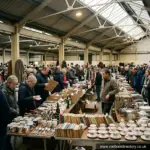 Busy indoor car boot sale in a British market hall with stalls of china, books and clothes