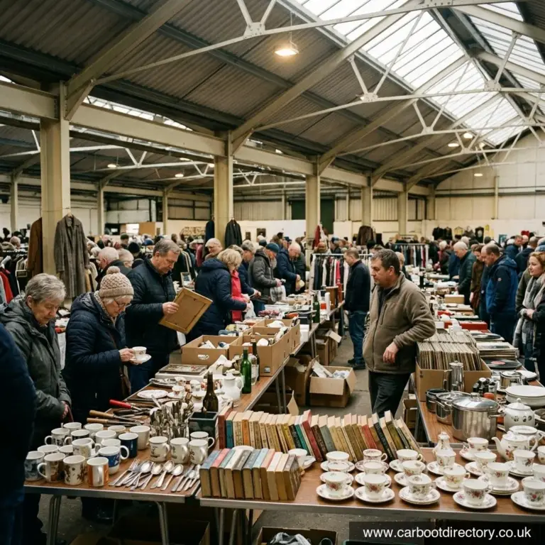 Busy indoor car boot sale in a British market hall with stalls of china, books and clothes