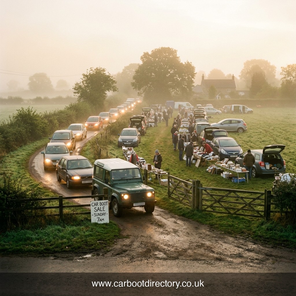 Morning Queue of Cars at a Farm Gate