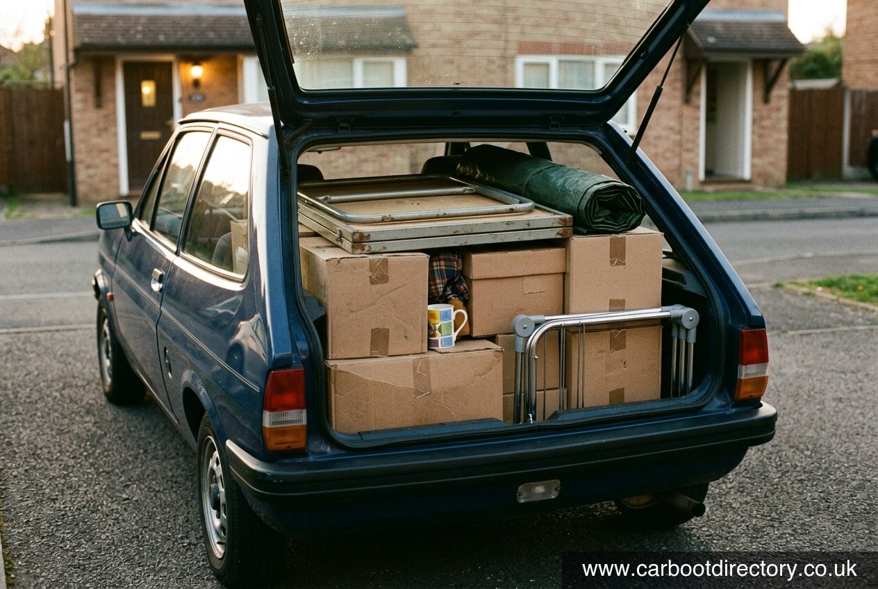 Hatchback boot packed for a car boot sale with boxes, a folded pasting table and tarpaulin loaded last