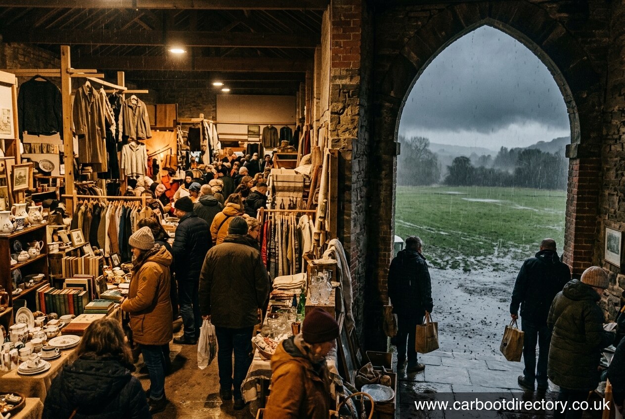 Heavy rain falling outside while shoppers browse a dry covered car boot market indoors