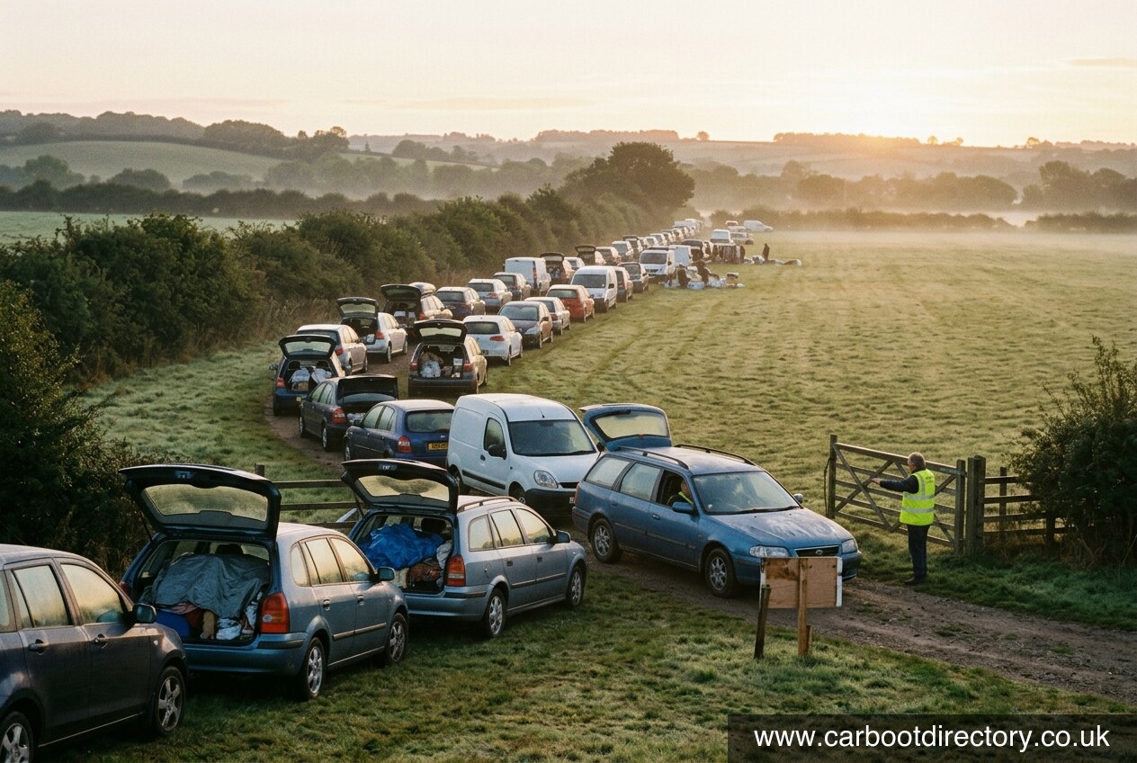 Sellers' cars queuing into a car boot sale field at dawn with a marshal directing at the gate