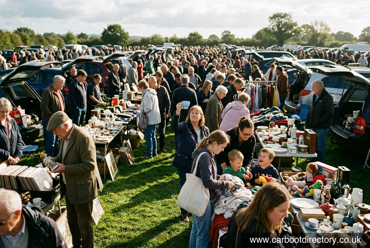 Crowds of buyers browsing packed stalls at a busy Sunday morning car boot sale in England