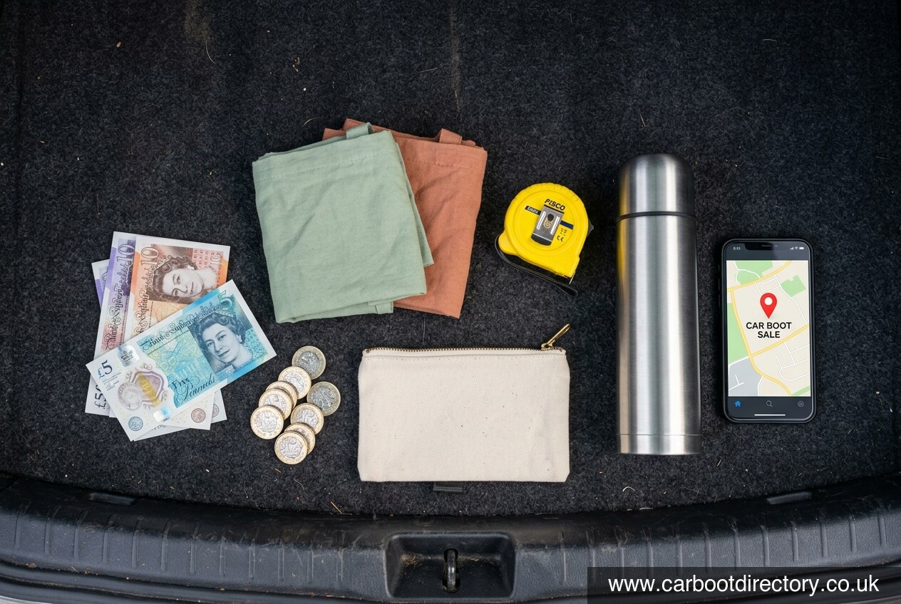 Car boot sale buyer essentials laid out in an open car boot: cash in small notes and pound coins, tote bags, measuring tape, flask and a phone showing a map